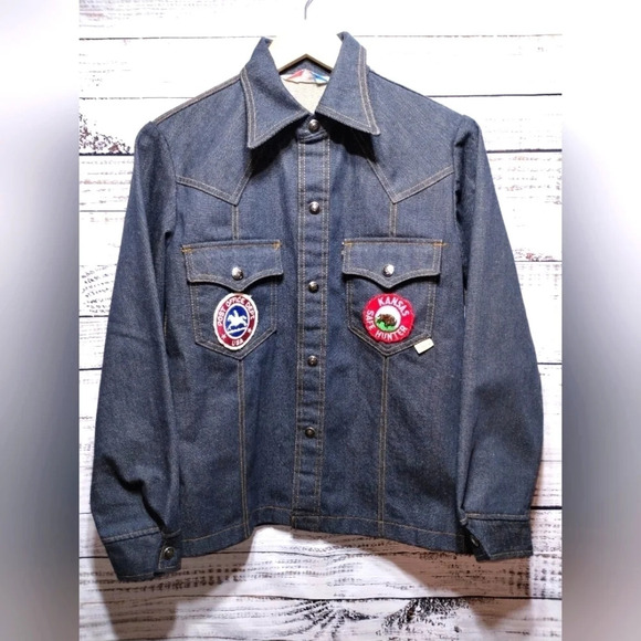 Vintage 70s Sears Put On Shop Denim Jacket Size 16 Youth Patched Trucker Jean - Picture 1 of 9